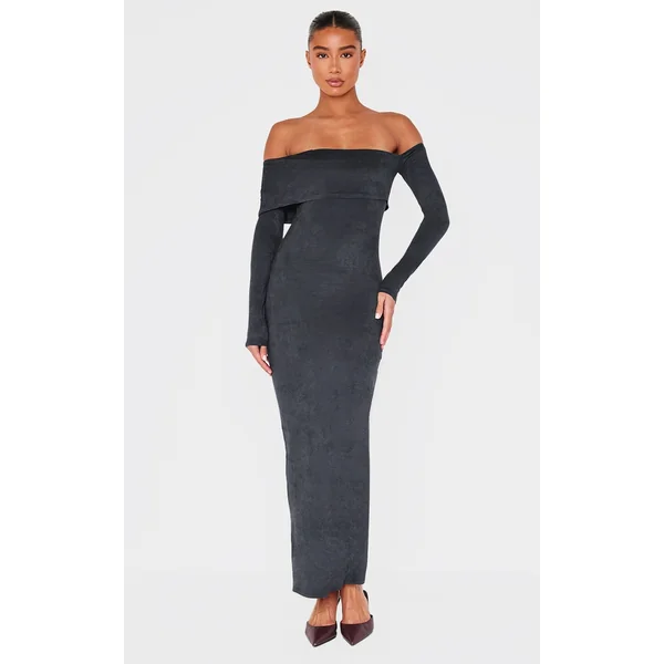 Black Faux Suede Bardot Long Sleeve Maxi Dress