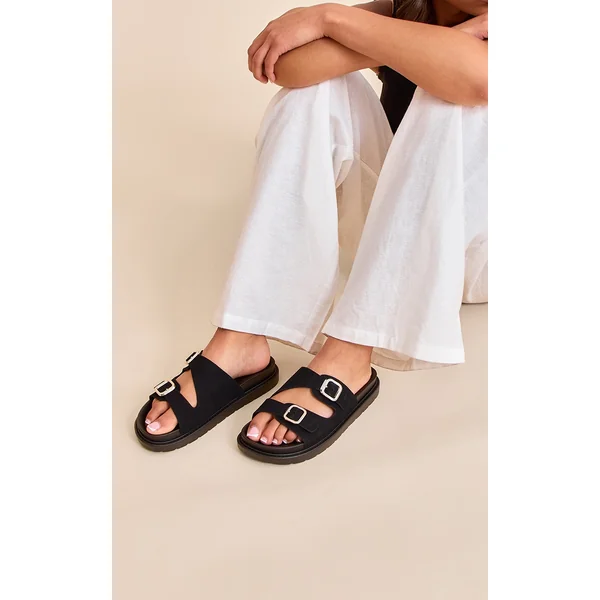Black Faux Suede Double Buckle Footbed Sandals