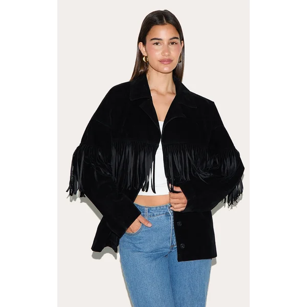 Black Faux Suede Heavy Fringed Jacket