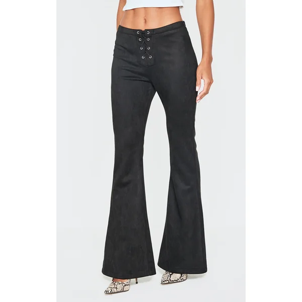 Black Faux Suede Lace Up Straight Leg Pant
