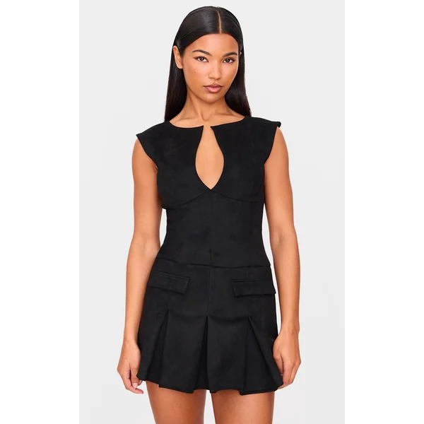 Black Faux Suede Pleated Pocket Detail Shift Dress