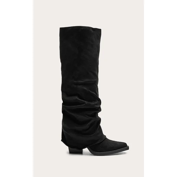 Black Faux Suede Point Toe Fold Over Block Heel Knee High Boots