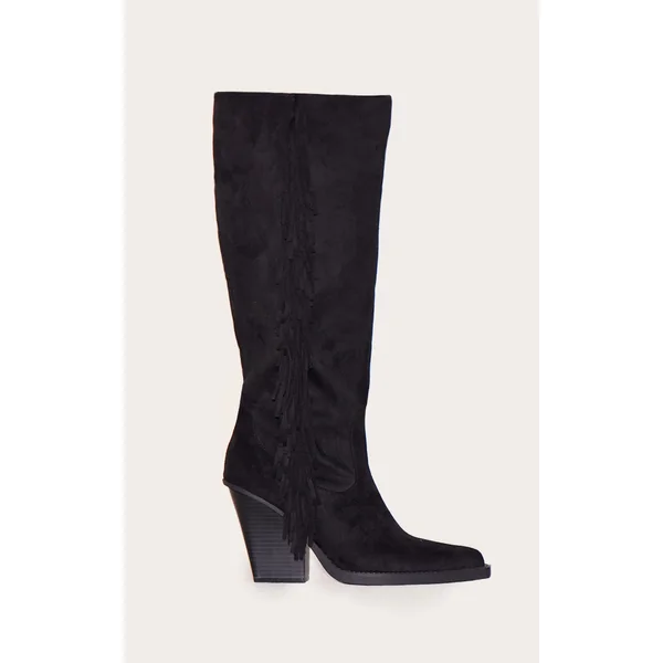 Black Faux Suede Point Toe Fringed High Block Heel Knee Boots