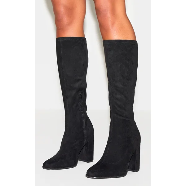 Black Faux Suede Round Toe High Block Heel Knee High Boots