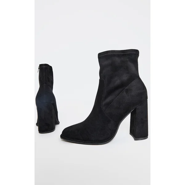 Black Faux Suede Round Toe High Block Stiletto Heeled Boots