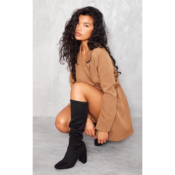 Black Faux Suede Round Toe Knee High Block Heeled Sock Boots