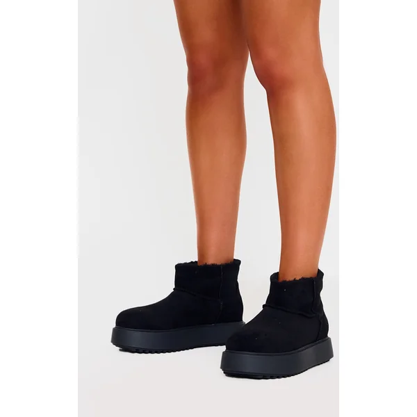 Black Faux Suede Round Toe Thick Flat Sole Ankle Boots