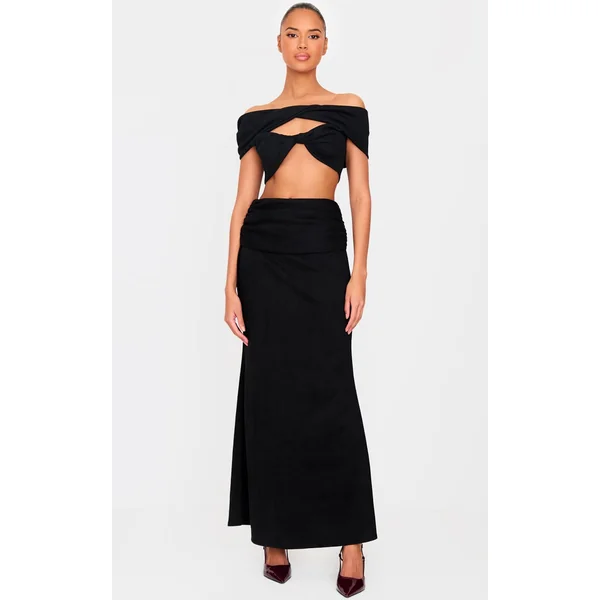 Black Faux Suede Ruched Twist Fold Over Maxi Skirt