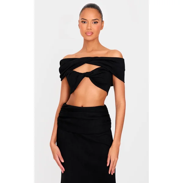 Black Faux Suede Ruched Twist Off The Shoulder Crop Top