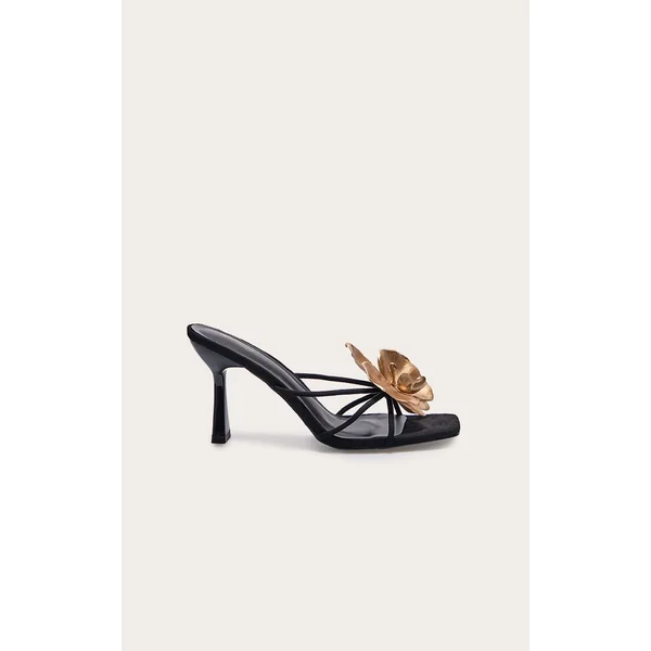 Black Faux Suede Square Toe Gold Flower Detailed Heeled Mules
