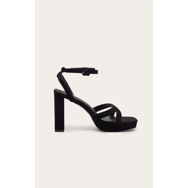 Black Faux Suede Square Toe Lace Up Flat Chunky Heeled Platforms