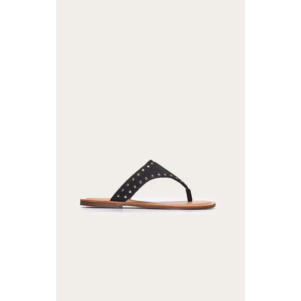 Black Faux Suede Stud Detail Toe Thong Flat Sandals