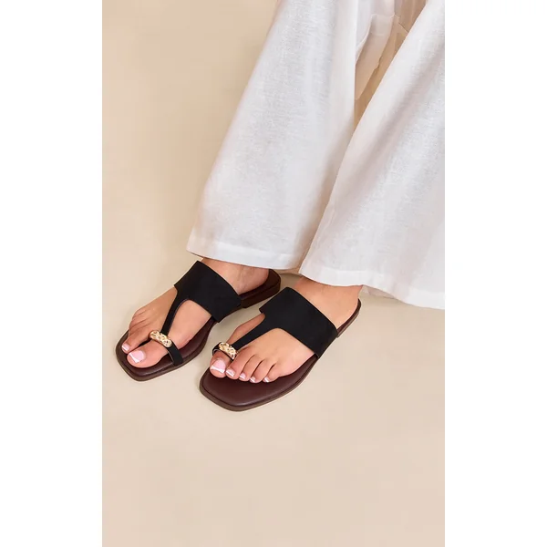 Black Faux Suede Toe Thong Gold Hardware Sandal