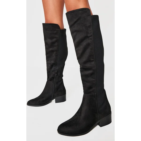 Black Faux Suede Wide Fit Round Toe Block Heel Knee High Boots