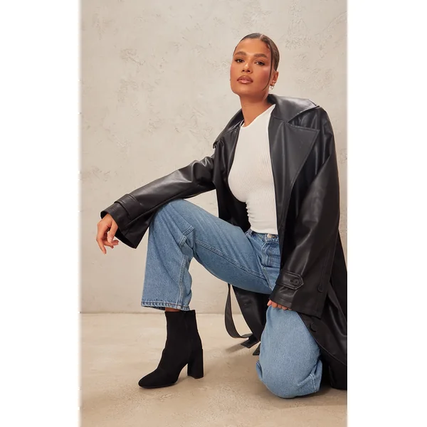 Black Faux Suede Wide Fit Round Toe Heeled Ankle Sock Boots