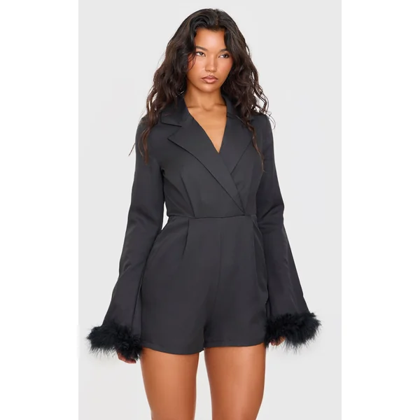 Black Feather Cuff Blazer Romper
