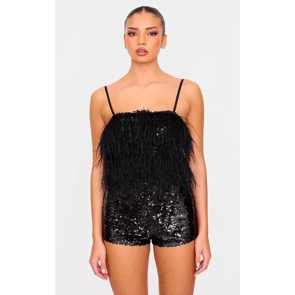 Black Feather Detail Strappy Sequin Romper