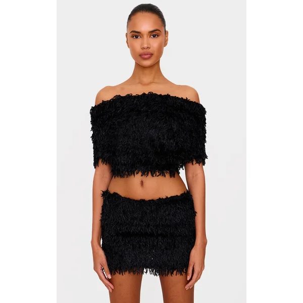 Black Feathered Scooped Back Crop Top