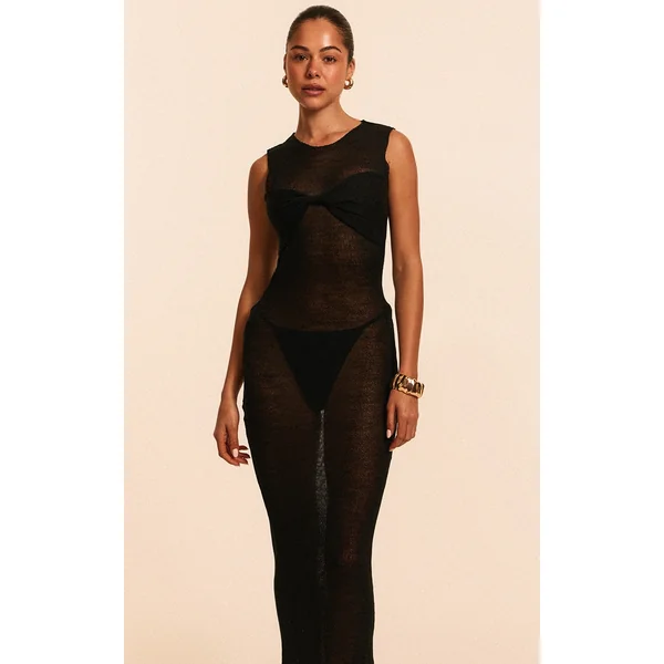 Black Filigree Knit Twist Front Maxi Beach Dress