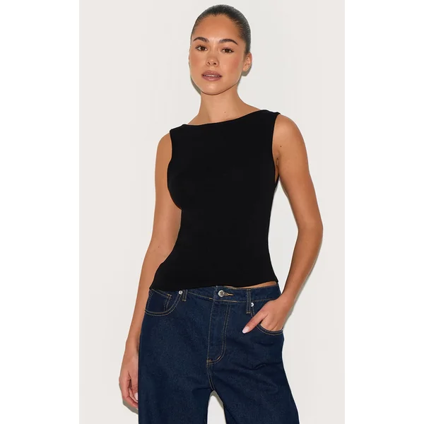 Black Fine Knit Boat Neck Top
