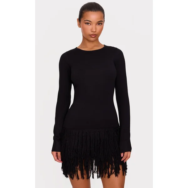 Black Fine Knit Fringe Hem Long Sleeve Micro Mini Dress