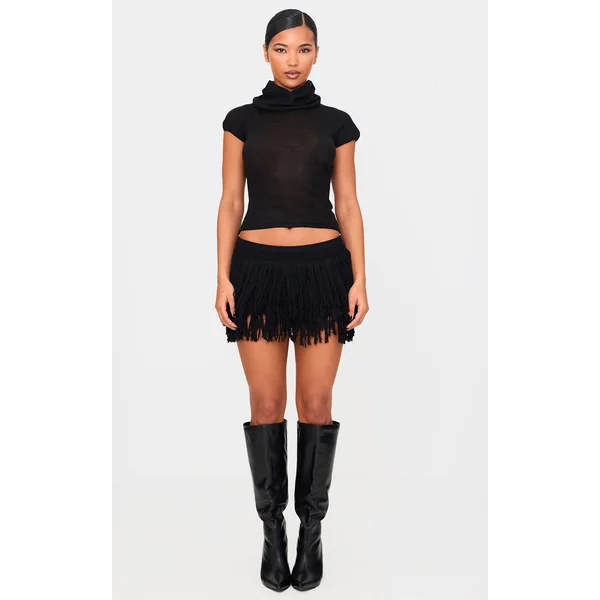 Black Fine Knit Fringe Hem Mini Rara Skirt