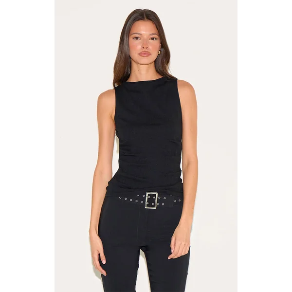 Black Fine Knit High Neck Sleeveless Top