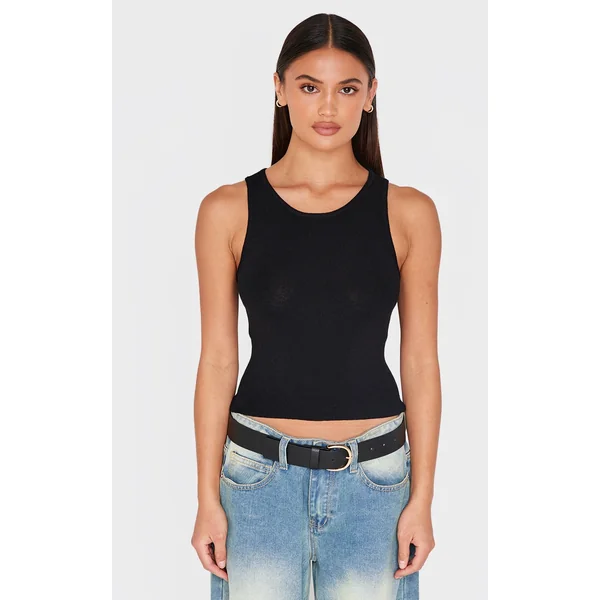 Black Fine Knit Racer Neck Top