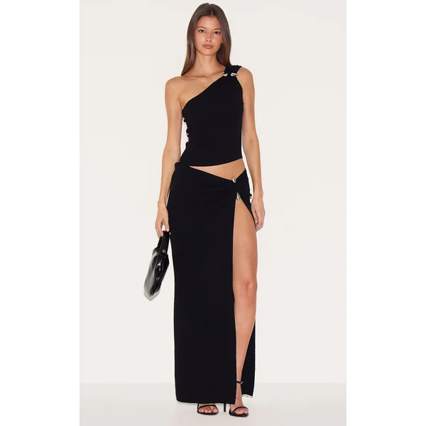Black Fine Knit Trim Detail Side Split Maxi Skirt