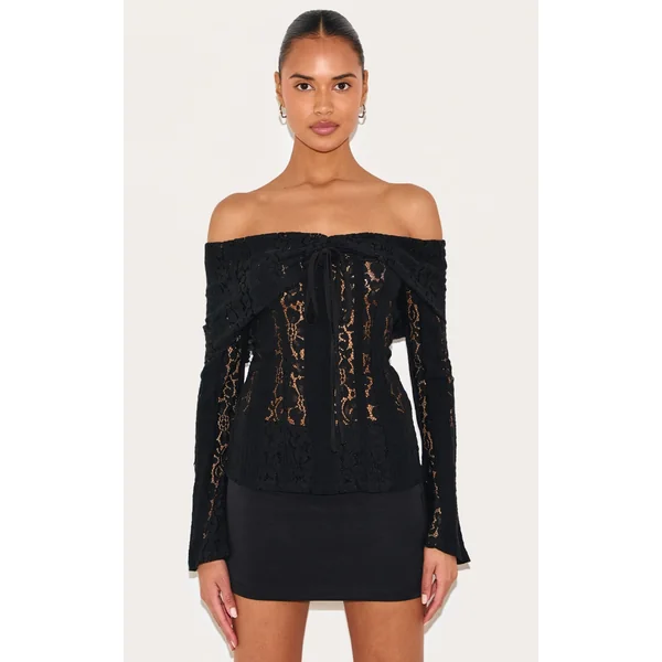 Black Fitted Lace Flared Sleeve Bardot Top