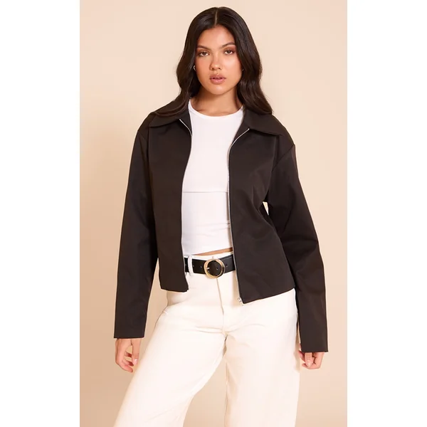 Black Fitted Zip Up Collared Jacket