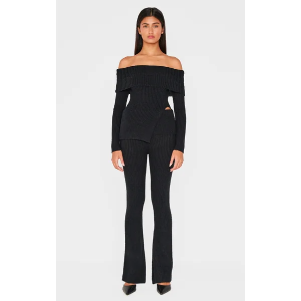 Black Flared Leg Knitted Fold Over Waist Pants