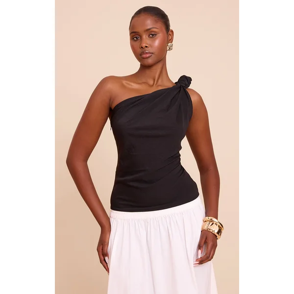 Black Floaty Woven One Shoulder Knot Detail Top