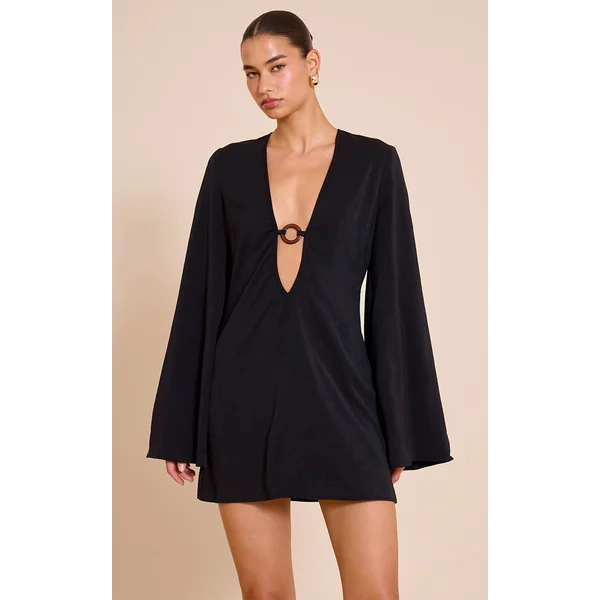 Black Floaty Woven Plunge Ring Detail A Line Mini Dress