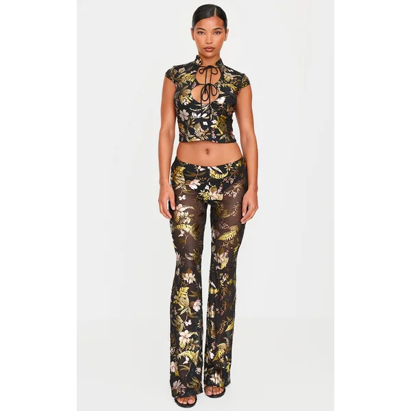 Black Floral Foil Printed Mesh Flare Pants