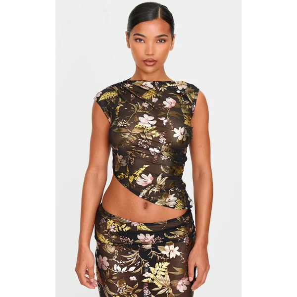 Black Floral Foil Printed Mesh Ruched Crop Top
