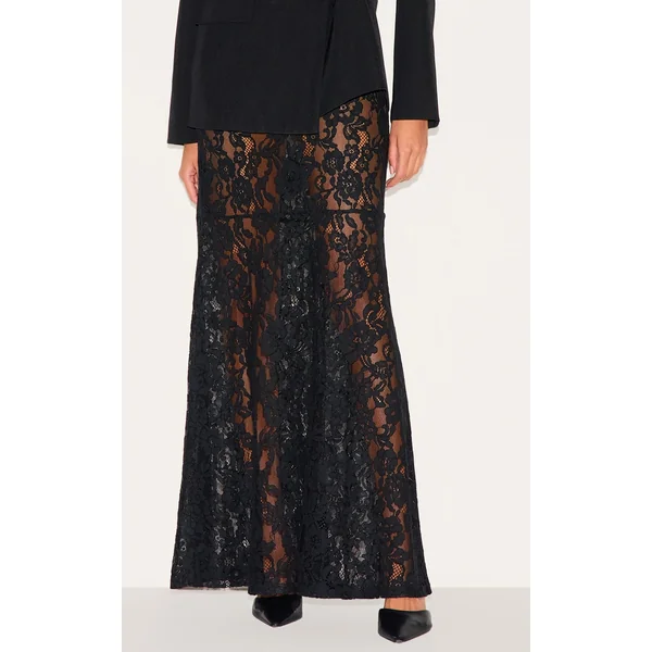 Black Floral Lace Sheer Maxi Skirt