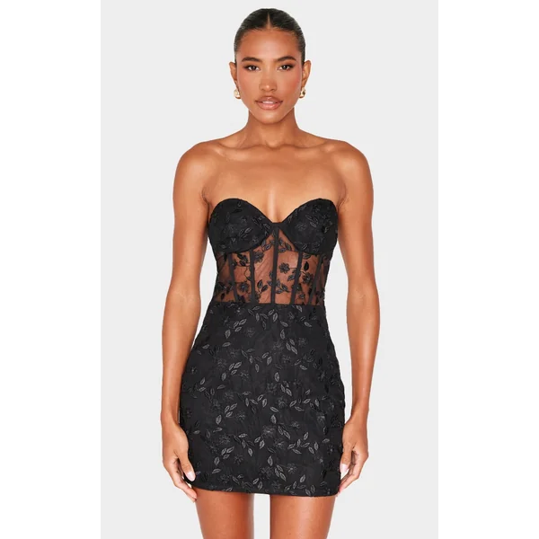 Black Floral Mesh Overlay Corset Mini Dress