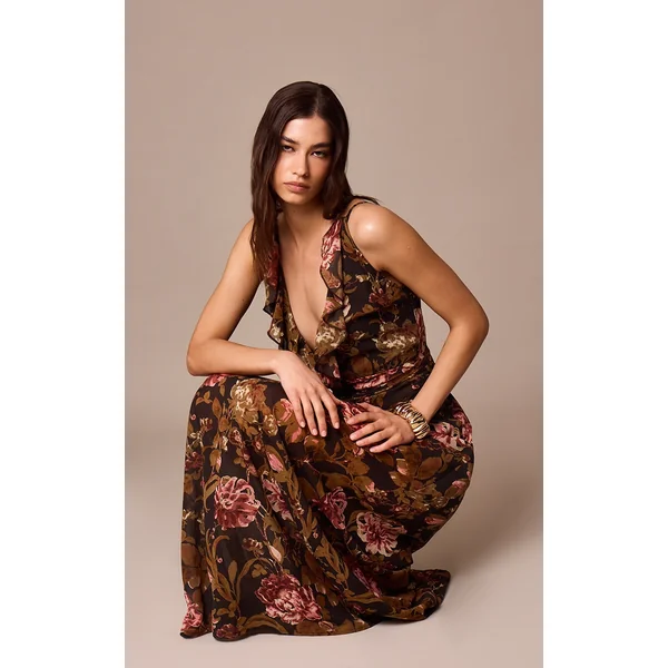 Black Floral Printed Chiffon Ruched Detail Maxi Dress