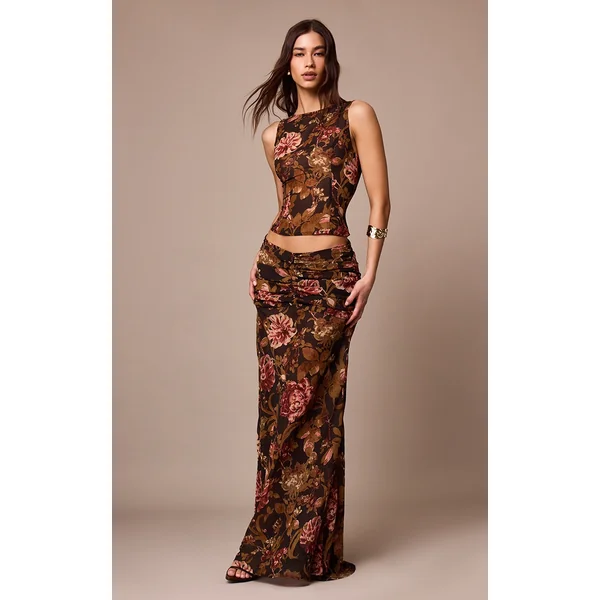 Black Floral Printed Chiffon Ruched Detail Maxi Skirt