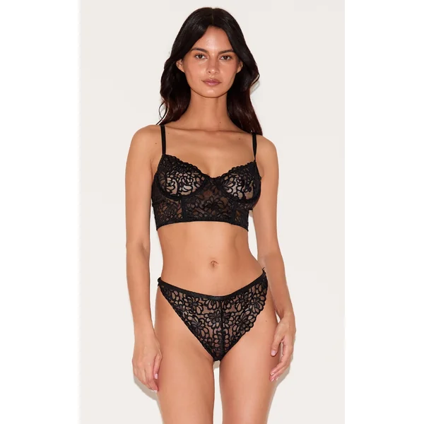 Black Floral Scalloped Edge Lace Longline Bra And Panties Set