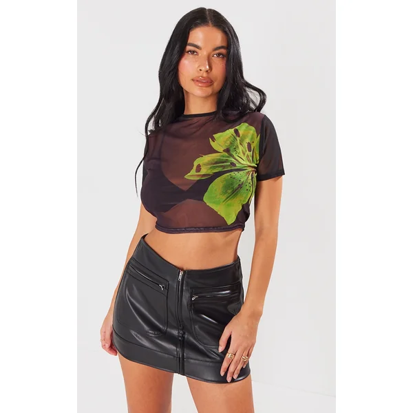 Black Flower Printed Mesh T Shirt