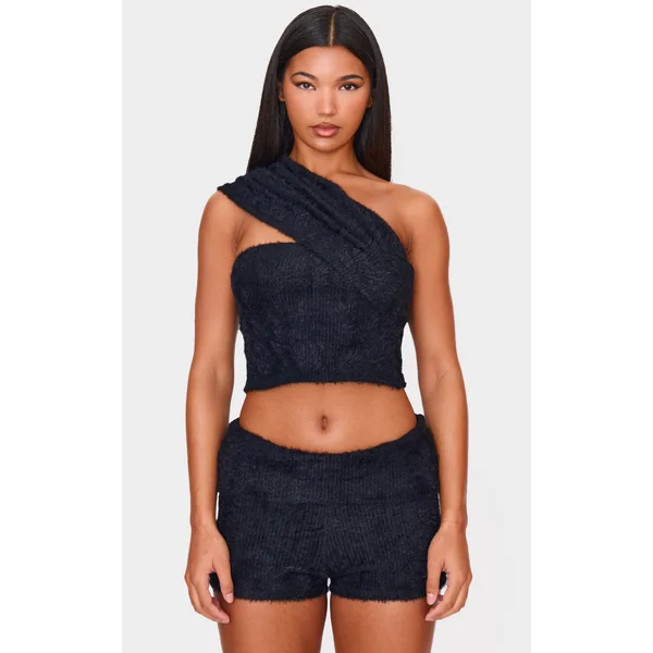 Black Fluffy Textured One Shoulder Top
