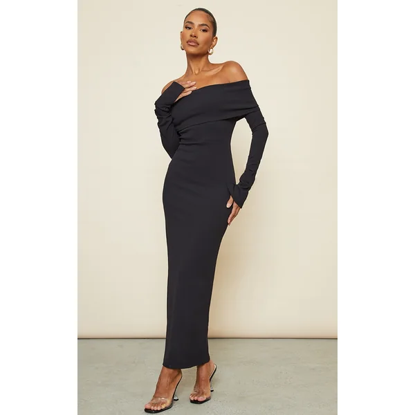 Black Fold Detail Ruched Sleeve Maxi Dress