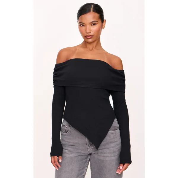 Black Fold Over Bardot Dipped Hem Long Top