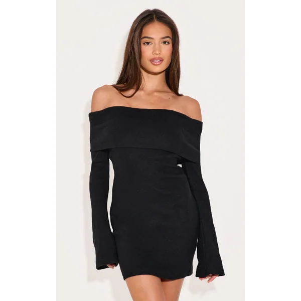 Black Fold Over Bardot Mini Dress
