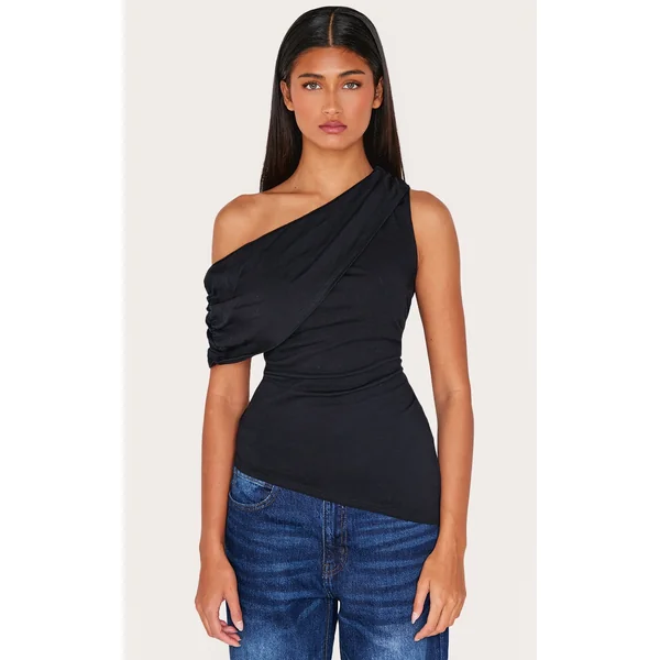 Black Fold Over Cotton Asymmetric Hem Long Top