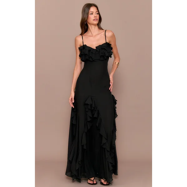 Black Frill Cup Detail Maxi Dress