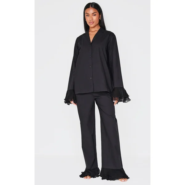 Black Frill Hem Cotton Long Pj Set