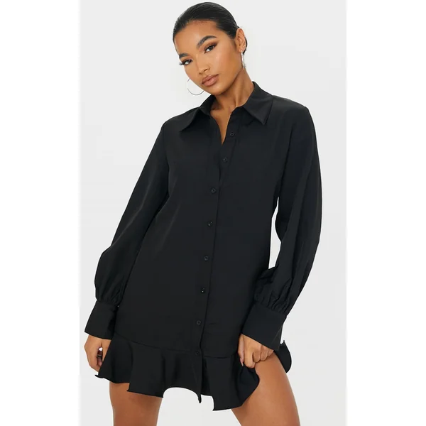Black Frill Hem Shirt Dress